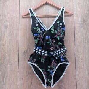 Athleta‎ Floral One Piece Swimsuit Womens Size XS Black Botanical Removable Belt